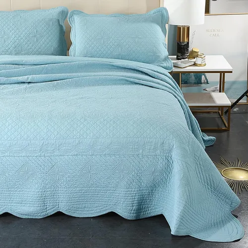 Vista 31 de Juego de edredón azul floral con patrón de bordado 3D de 2 piezas, 100% algodón, reversible, acolchado bordado decorativo, cubrecamas, juego