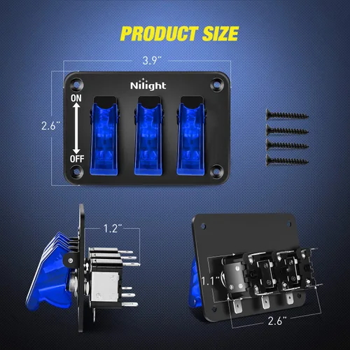 Vista 2 de Nilight - Interruptor de 3 palancas, panel basculante de 12 V con luz LED y cubierta abatible, placa de interruptor de encendido/apagado de alta