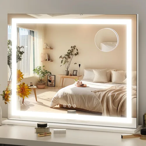 Vista 17 de FENNIO - Espejo de tocador con luces, espejo de maquillaje iluminado LED, pantalla táctil con 3 modos de iluminación, regulable, para mesa
