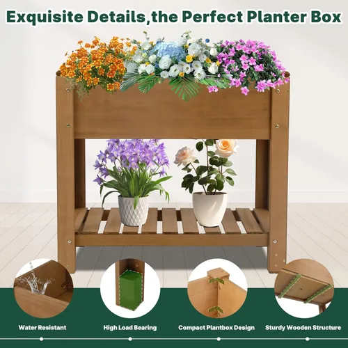 Vista 4 de Cama de jardín elevada para exteriores, jardineras de madera con patas forro protector y agujeros de drenaje, macizos de flores elevados para jardín