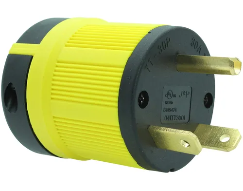 Vista 5 de Journeyman-Pro NEMA TT-30P, 30 amperios, 125 voltios, conector macho de hoja recta para remolque de RV, grado industrial, negro/amarillo, generador