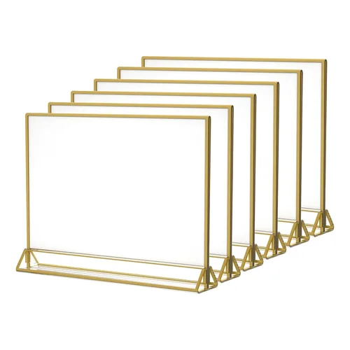 Vista 8 de NIUBEE Paquete de 6 soportes horizontales de acrílico transparente de 7 x 5 con bordes dorados, soportes de mesa de menú de doble cara para números