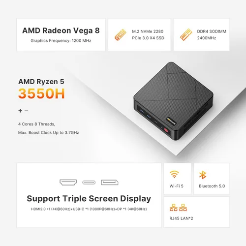 Vista 2 de BOSGAME Mini PC E4, mini computadoras con AMD Ryzen 5 3550H, 16 GB DDR4 512 GB PCIe SSD, RJ45 dual, pantalla triple 4K, USB-C, USB 3.2, Wi-Fi 5/BT