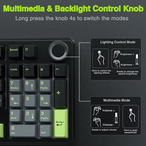 Vista 5 de AULA Teclado mecánico inalámbrico F99 Pro con perilla, sonido cremoso, triple modo BT5.0USB-C2.4GHz teclado intercambiable en caliente, estructura