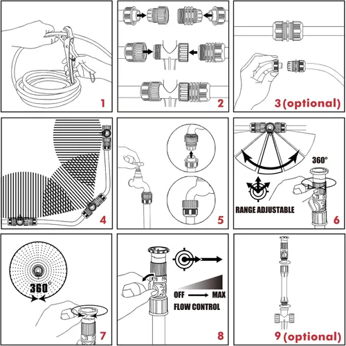 Vista 8 de RESTMO Sistema de Aspersores Sobre el Suelo con Base de Punta Metálica, Kit de Riego Flexible DIY, Aspersor de Césped Multi-Ajustable y Juego