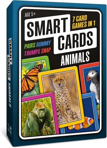 SMART CARDS Animales | Juego de cartas | 7 juegos en 1 | Snap, Rummy, pares y más | Juego educativo de viaje | A partir de 5 años, 1-8 jugadores