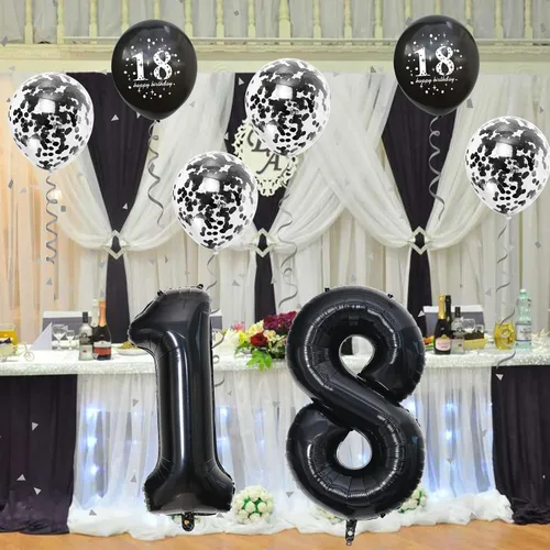 Vista 6 de Decoraciones de cumpleaños número 18 para niños y niñas, globo de aluminio con el número 18 de 40 pulgadas, globos de látex negros y metálicos