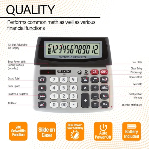 Vista 4 de BAZIC Calculadora de escritorio de doble potencia de 12 dígitos con pantalla ajustable (3012)