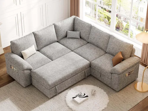 Vista 9 de Sofá modular de 85 pulgadas con cama extraíble, sofá modular de 5 asientos en forma de L con almacenamiento, sofás seccionales para sala de estar