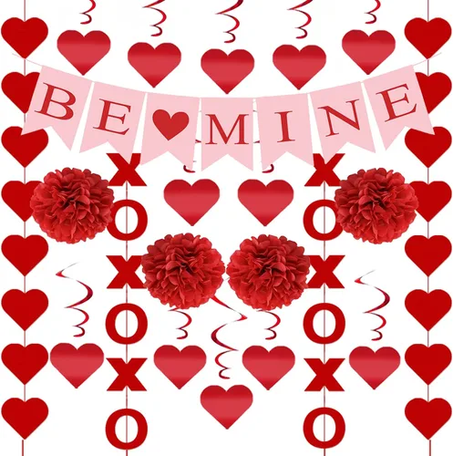 Juego de 21 decoraciones para el día de San Valentín premontadas con forma de corazón colgante con forma de remolinos BE Mine Love Heart XO para el