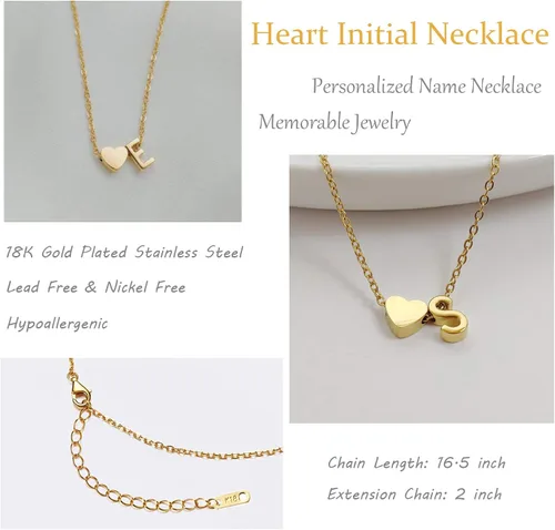 Vista 6 de Glimmerst - Collar de corazón con inicial, acero inoxidable chapado en oro de 18 quilates, collar de corazón pequeño con letra inicial
