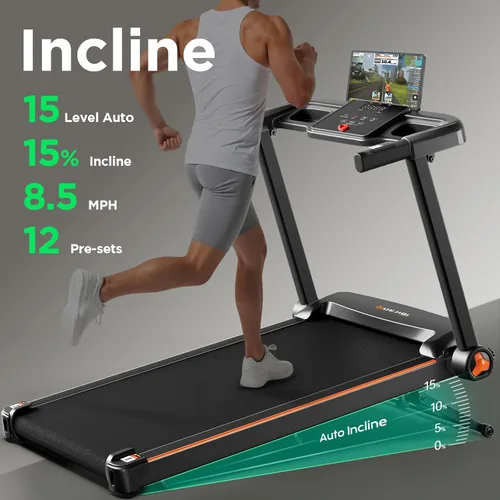 Vista 4 de YUEJIQI Treadmill with 0-15% Auto Incline, 3.5HP Quiet Brushless Foldable Treadmills for Home, Small Space Portable Running Walking Machine, 300 Lbs