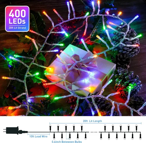 Vista 7 de JMEXSUSS 400 luces LED multicolor en racimo enchufables, luces de cadena navideñas de 20 pies para exteriores impermeables con control remoto, 8