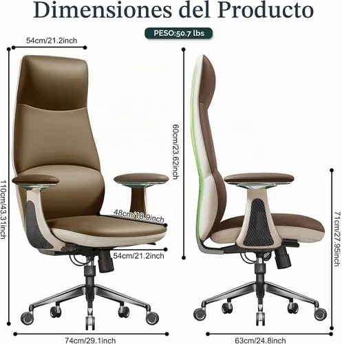Vista 3 de Silla ejecutiva ergonómica de cuero genuino, respaldo alto de Marrón