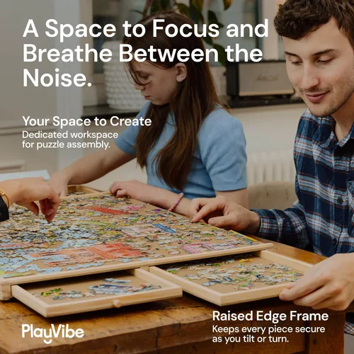 Vista 4 de PLAYVIBE Tablero giratorio para rompecabezas – 1500 piezas, 26 x 35 pulgadas – Sistema de almacenamiento de 6 cajones y mesa de rompecabezas