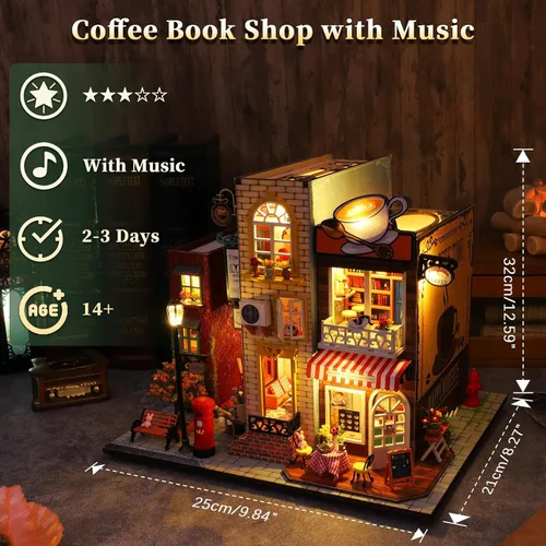 Vista 2 de Kit de casa de muñecas en miniatura, kit de rincón de libro, modelo de casa pequeña con caja de música LED, rompecabezas de madera 3D para adultos