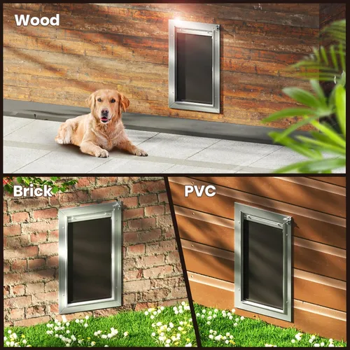 Vista 7 de Puerta de perro para pared, puerta grande para perro, puerta resistente para mascotas con todo aluminio, 2 solapas magnéticas, túnel telescópico