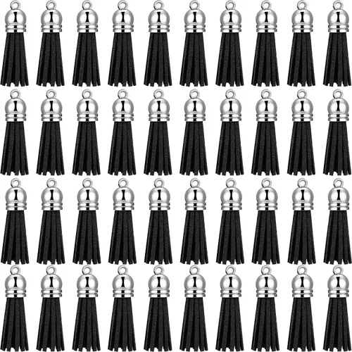 200 piezas de borlas de cuero de gamuza sintética con borlas, llavero de decoración con borlas con lazo para suministros de bricolaje (negro)