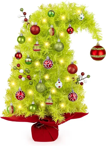 Mini árbol de Navidad caprichoso de 2 pies con luces, bolas de bayas, 8 Verde lima