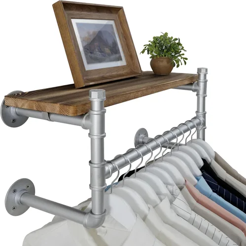 Vista 11 de WEBI Perchero de pared con estante, perchero industrial de 24 pulgadas con estantes, barra de ropa de hierro resistente, barra de ropa de exhibición