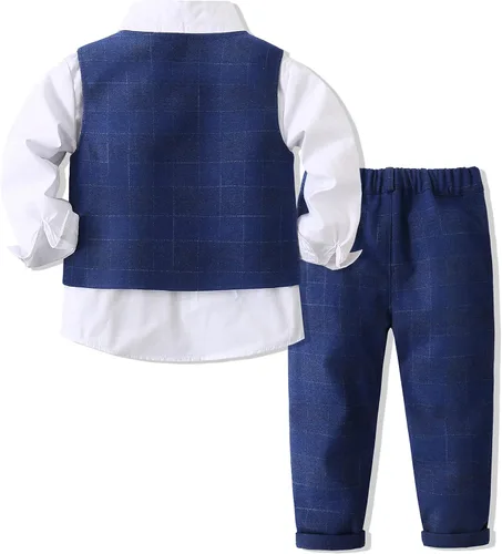 Vista 2 de Conjunto de ropa de 3 piezas para niños, camisas de manga larga con corbatín + chaleco + pantalones, traje casual