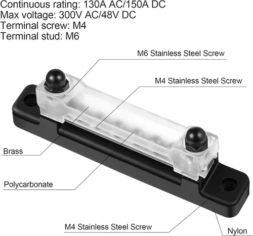 Vista 3 de Weewooday Barra de bus de 12 V 150 A con tapa, mini bloque de terminales de distribución de energía con barra de bus de 10 cuadrillas, 6 tornillos