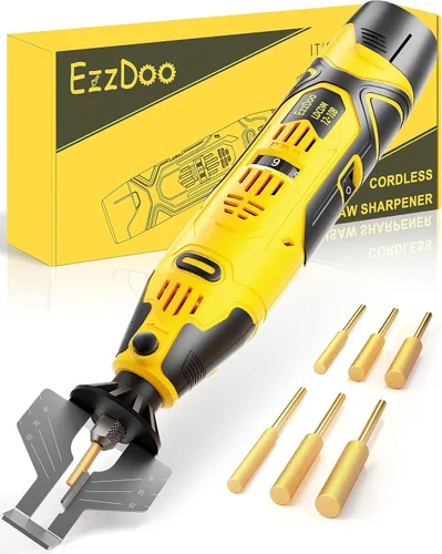 EzzDoo Kit Afilador de Motosierra Eléctrico Inalámbrico - Herramienta Portátil de Afilado de Cadena de Motosierra de 12V con 6 Brocas de Diamante