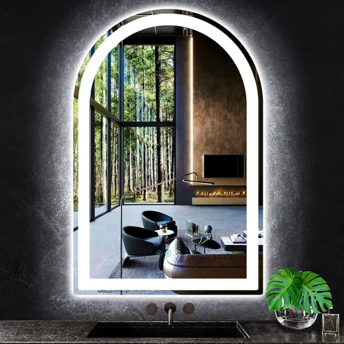 Vista 8 de Espejo de arco LED con luces de 16 x 24 pulgadas, espejo arqueado iluminado para baño, mesa de maquillaje, pared, espejo de tocador con luz