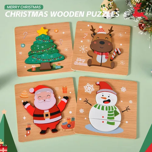 Vista 6 de Paquete de 4 rompecabezas de madera de Navidad para niños pequeños, rompecabezas de calcetines de Navidad, juguetes de regalos de fiesta de Navidad