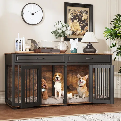 Vista 8 de Muebles para Perrera, 64.6 Pulgadas de Madera Resistente Jaula para Perros Grande Estilo Mueble con Cajones y Divisor, Casa para Perros