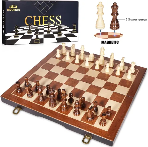 Vista 8 de BIVOMON Juego de ajedrez magnético de madera de 15 pulgadas, juego de mesa único de ajedrez con ranuras de almacenamiento de piezas de ajedrez
