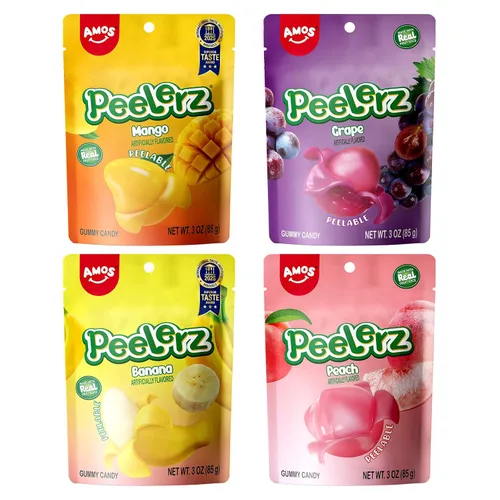 Vista 21 de AMOS Peelerz - Paquete variado de gomitas pelables, sabor mango, uva, manzana verde y piña, hecho con jugo de fruta real, 4 bolsas, 13.22 oz (375 g)