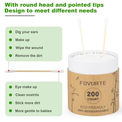 Vista 3 de Hisopos de algodón de bambú, 400 unidades, hisopos de algodón de doble punta en espiral y redondos, capullos de algodón de madera orgánica