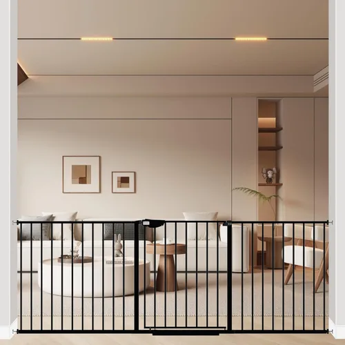 Vista 13 de ALLAIBB Triple Lock - Puerta extra ancha para bebé, montada a presión, para caminar a través de cierre automático seguro, de metal negro, perro