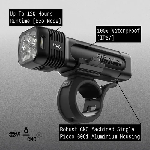 Vista 3 de Knog Blinder 1300 - Luz de bicicleta de 1300 lúmenes con diseño compacto CNC, 6 modos de luz, recargable USB-C, impermeable IP67, indicador