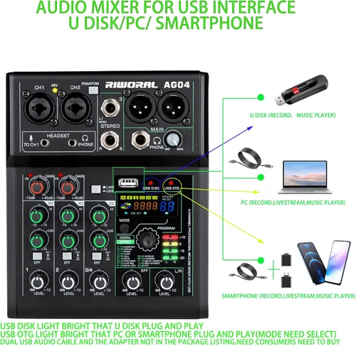 Vista 3 de Mezclador de audio de 4 canales con efectos 88 DSP, mesa de mezclas, interfaz USB, Bluetooth, reproductor de música + alimentación fantasma de línea