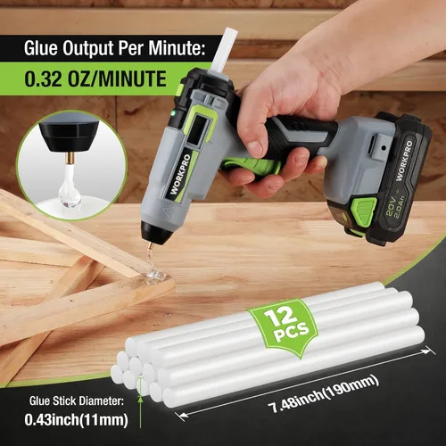 Vista 4 de WORKPRO Kit de pistola de pegamento termofusible inalámbrica de 20 V, batería de iones de litio de 2.0 Ah, pistola de pegamento caliente recargable