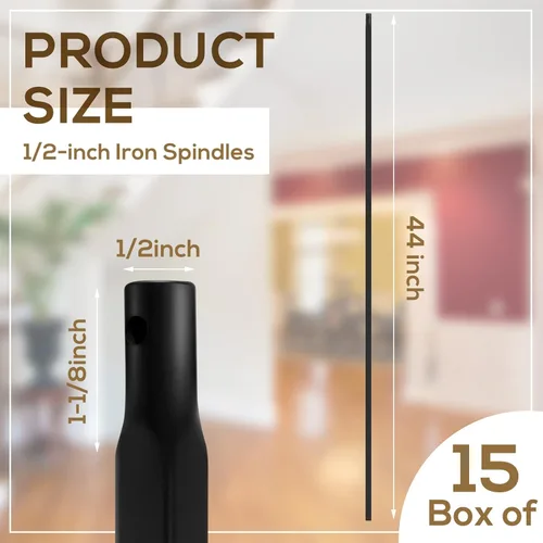 Vista 2 de Dunzy Balaustres de Cubierta de 1/2" x 44" Hierro Forjado Liso Balaustres de Metal Negro Balaustres Huecos de Hierro Varillas para Escalera