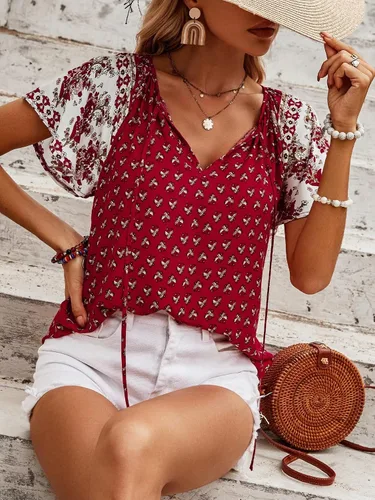 Vista 5 de SOLY HUX Women's Boho Floral Print Tie Neck Butterfly Sleeve Summer Blouse Top
