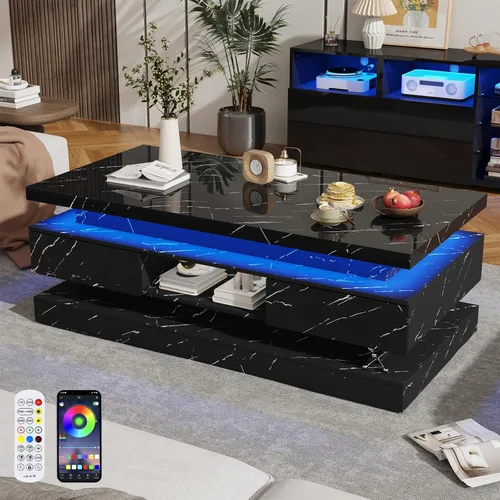 Vista 3 de Mesa auxiliar moderna de 47.2 pulgadas con alto brillo LED y 2 cajones deslizantes, mesas centrales de doble capa con luces LED para muebles de sala