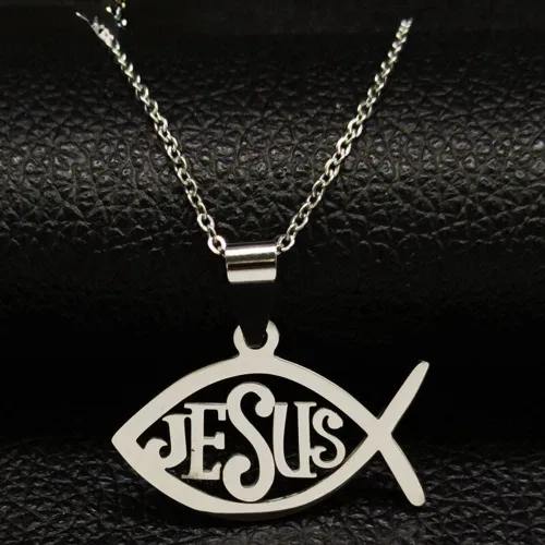 KOOLKING - Collar de cadena de acero inoxidable para mujer, color plateado, collar de declaración de Jesús, joyería de acero inoxidable