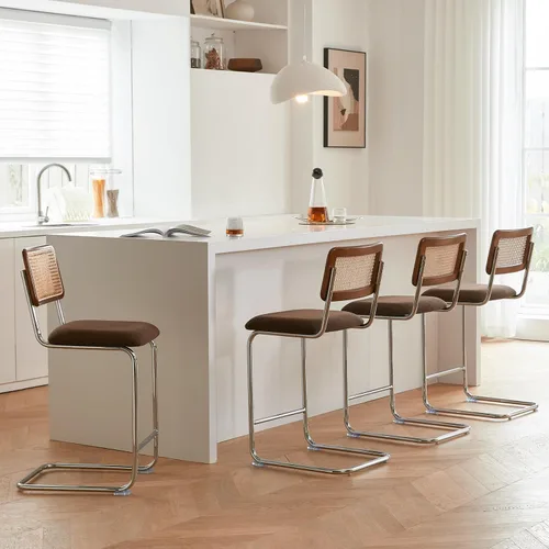 Vista 17 de GrandNoor Juego de 2 taburetes de ratán natural de altura de mostrador con respaldo de madera maciza, taburetes de bar Cesca modernos de mediados