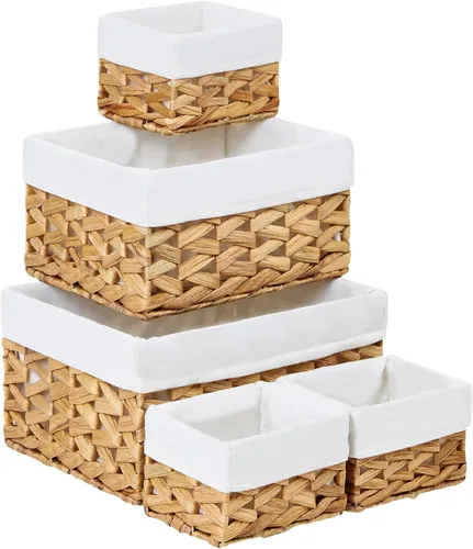 Vista 13 de Vagusicc Cesta de almacenamiento de mimbre, cesta de cuerda de papel tejida a mano, cesta rectangular pequeña para organizar, contenedor de Beige