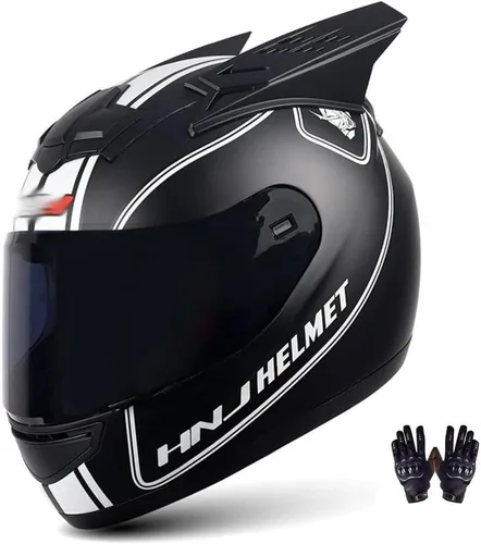 Casco de motocicleta con orejas de murciélago y gato, casco de motocicleta de cara completa para parejas y guantes, certificado por DOT, para todas 3
