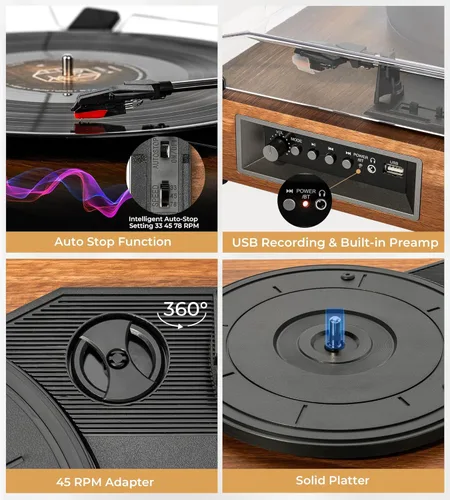 Vista 8 de Vangoa Tocadiscos de vinilo con altavoces externos, tocadiscos de 3 velocidades para discos de vinilo, reproductores LP Bluetooth de transmisión por