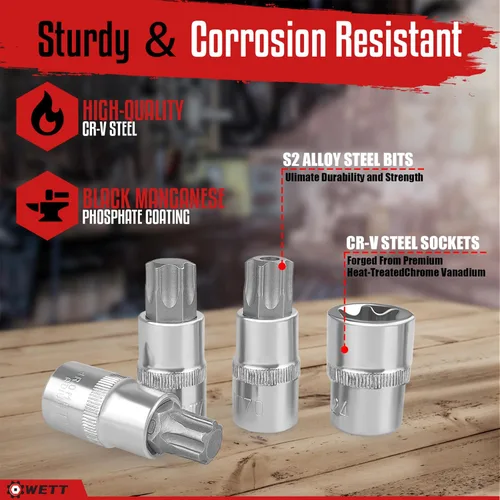 Vista 5 de WETT Master Torx Bit Socket y Juego de Enchufe Torx Externo, Juego de 60 Piezas de 1/4", 3/8", 1/2" de Unidades de Enchufes de Broca E-Torx