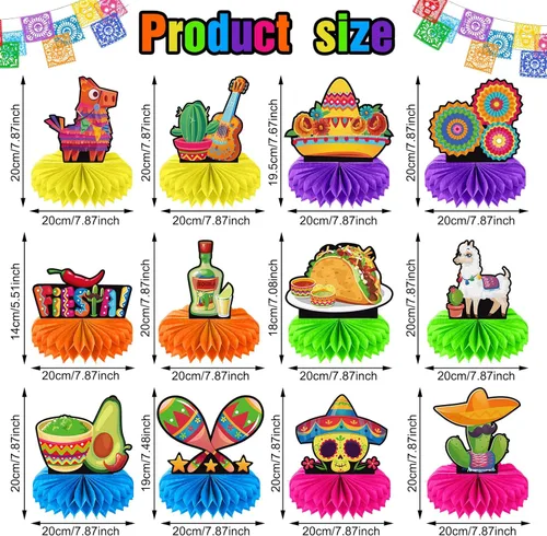 Vista 2 de Centro de mesa de panal de abeja de 12 piezas, decoración de mesa de fiesta del Cinco de Mayo, centro de mesa mexicano de 8 pulgadas