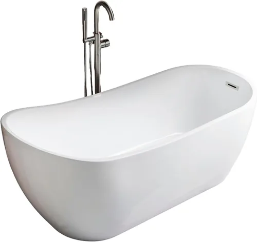 WOODBRIDGE Bañera de acrílico independiente de 67 pulgadas, bañera blanca de remojo contemporáneo con desbordamiento y drenaje de níquel cepillado,
