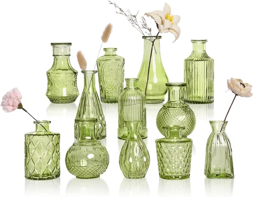 Vista 11 de Juego de 12 jarrones de vidrio ámbar, jarrones de capullo transparentes a granel, mini jarrones para flores, pequeños jarrones de flores