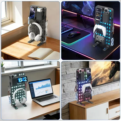 Vista 6 de KDD RGB Desk Pegboard Organizer - Compact Freestanding Gaming Desk Decor with Controller & Headphone Holder, Storage Box, Hooks, Phone Stand - No